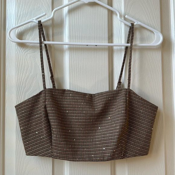 House Of Harlow 1960 spaghetti strap plaid bralette sequins brown XS - Picture 1 of 9